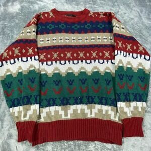Vintage Sweater Mens Large 80s 90s Aztec Knit Southwest Tribal Grandpa Acrylic